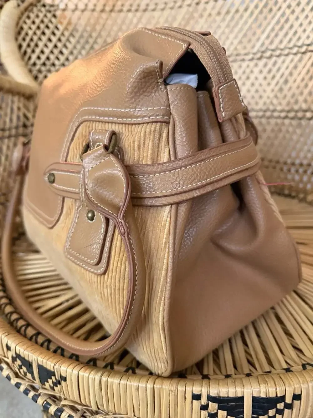 Tommy Hilfiger Vintage Y2K Tan Corduroy and Faux Leather Hobo Shoulder Handbag